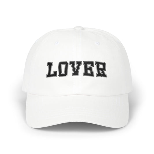 A No Other Lover LOVER White Cotton Baseball Cap with 'LOVER' text in black on a white background