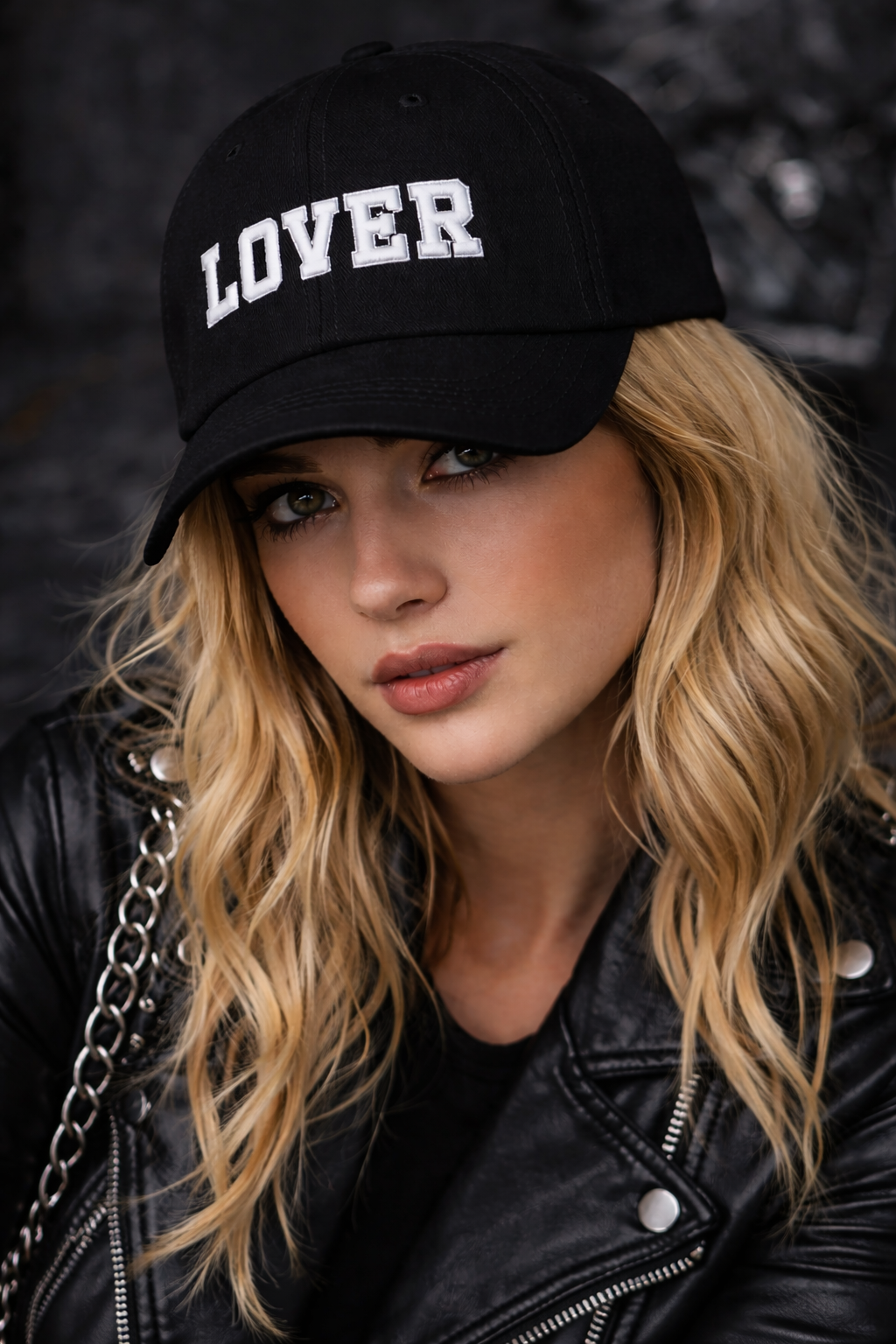 Black LOVER dad cap with bold white varsity embroidery. Premium cotton baseball hat with curved brim. Minimalist streetwear from No Other Lover collection, worn by a blonde model in a leather jacket and handbag in an urban city setting.