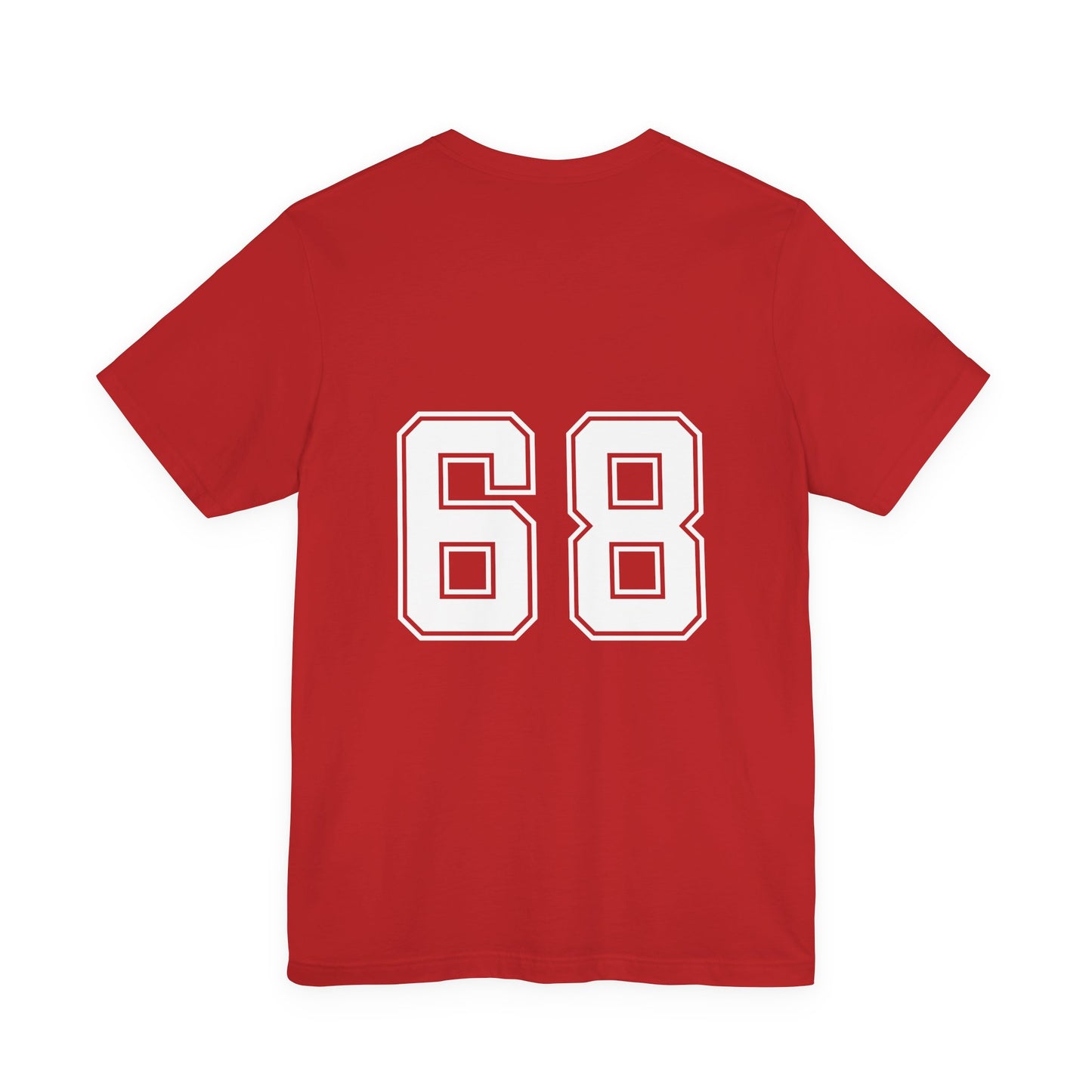 Red t-shirt with white number 68 on the back against a white background