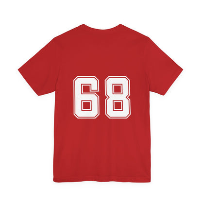 Red t-shirt with white number 68 on the back against a white background