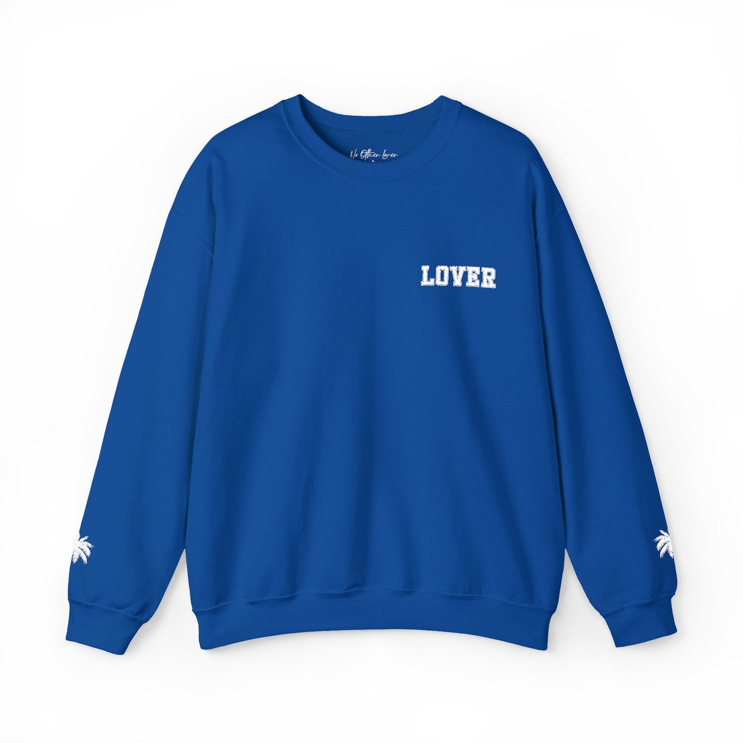 Blue sweatshirt with 'LOVER' text on a white background
