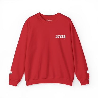 Red sweatshirt with white text on a white background