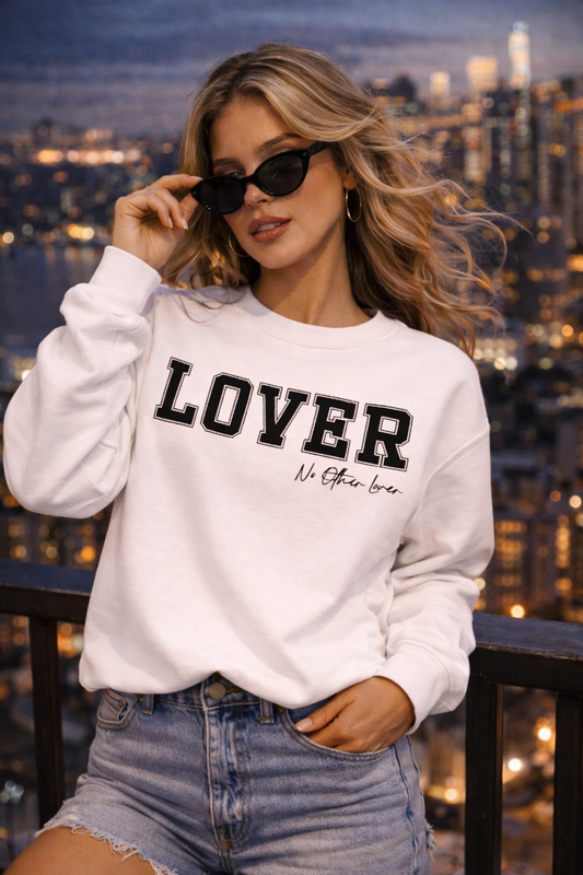 LOVER College Logo Sweatshirt - Unisex White Crewneck, No Other Lover Statement Jumper