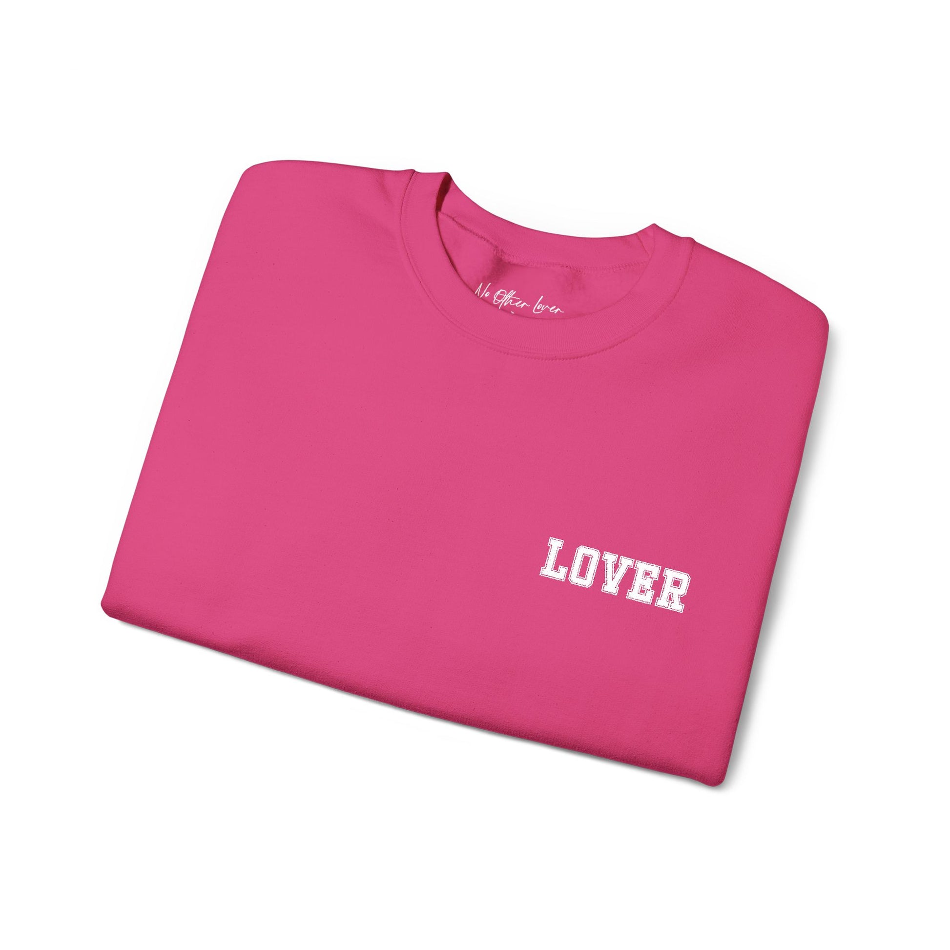 Folded hot pink No Other Lover LOVER Palms Sweatshirt with 'lover' text on a white background