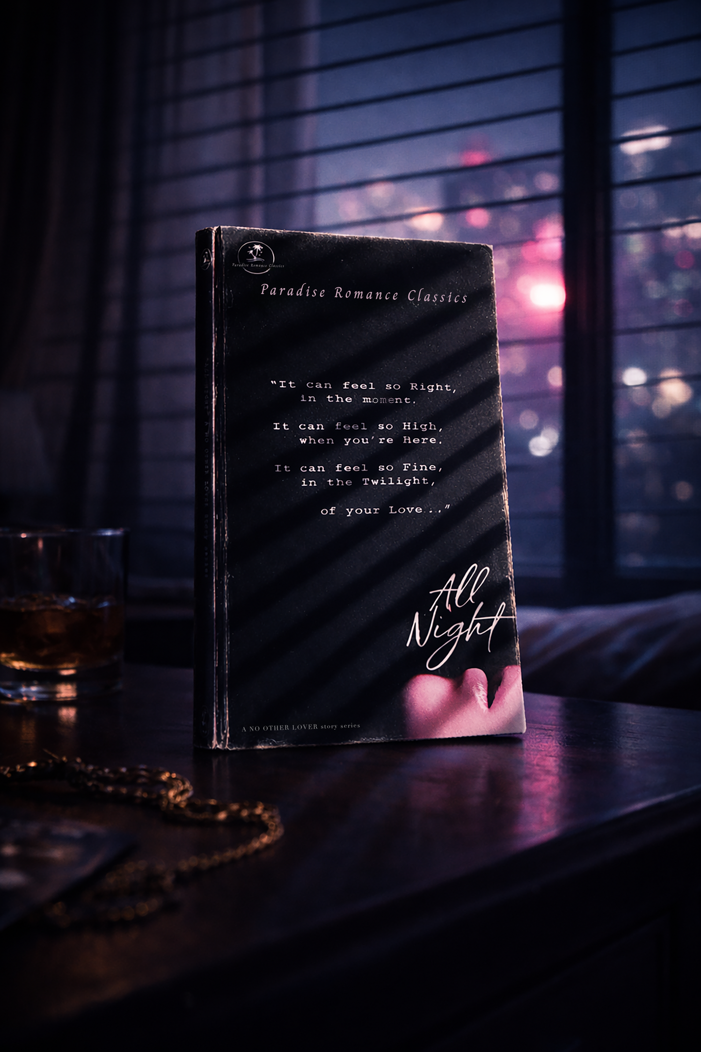 Book titled 'All Night' on a table with a blurred cityscape background