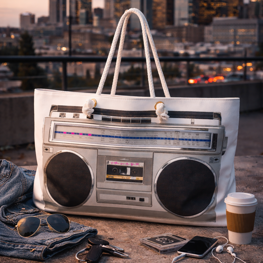 Retro No Other Lover Ghetto Blaster boombox design weekender bag, with city skyline in the background