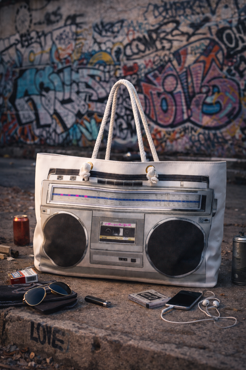 Graffiti-covered wall with a No Other Lover Ghetto Blaster boombox weekender bag, designed like a vintage boombox on a concrete surface.