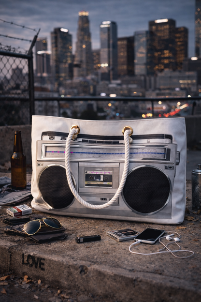 No Other Lover Ghetto blaster-themed holdall bag with city skyline in the background