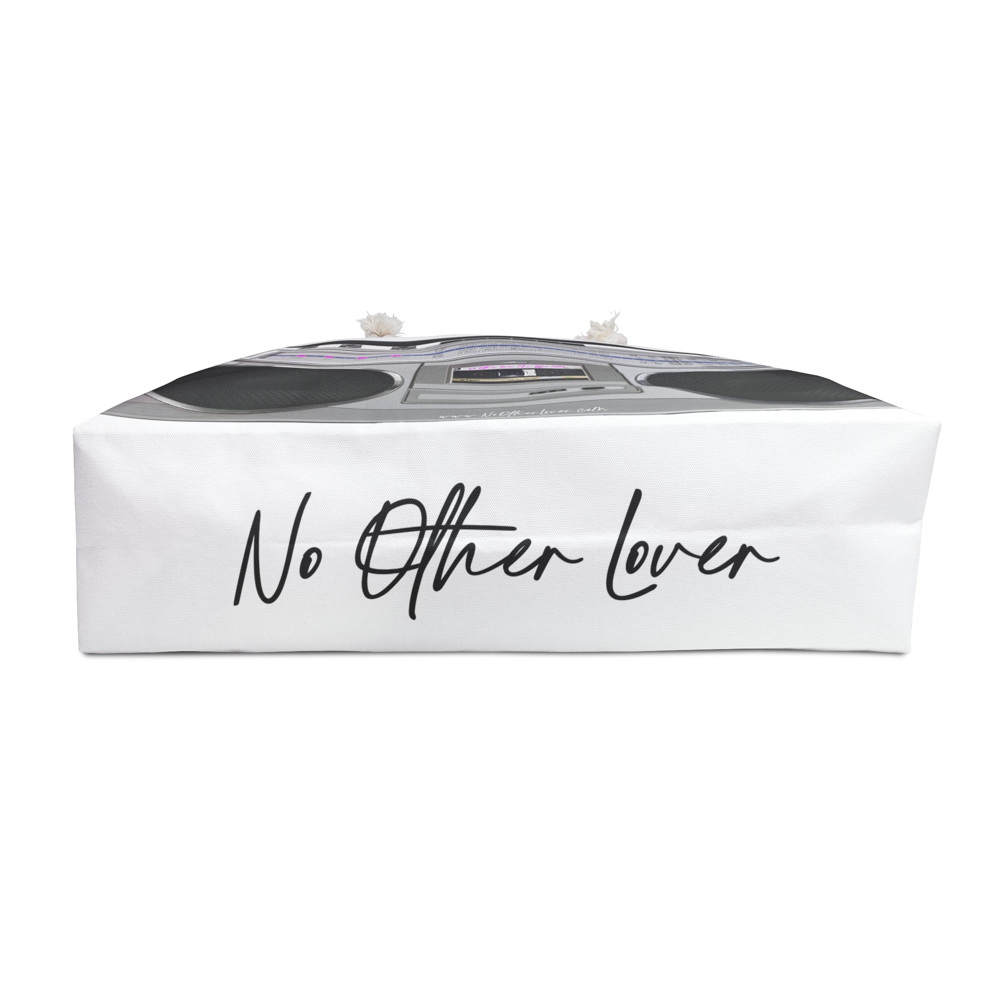 No Other Lover Ghetto Blaster boombox weekender bag bottom base, with 'No Other Lover' text on a white background