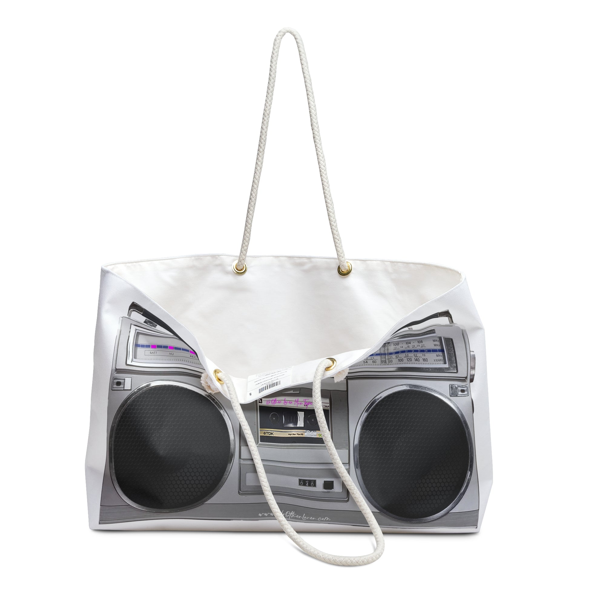 Open view of a No Other Lover tote bag with a retro boombox design on a white background