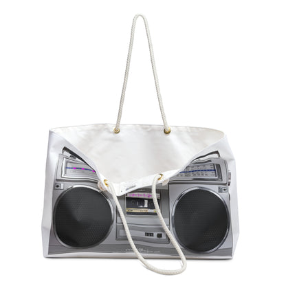 Open view of a No Other Lover tote bag with a retro boombox design on a white background