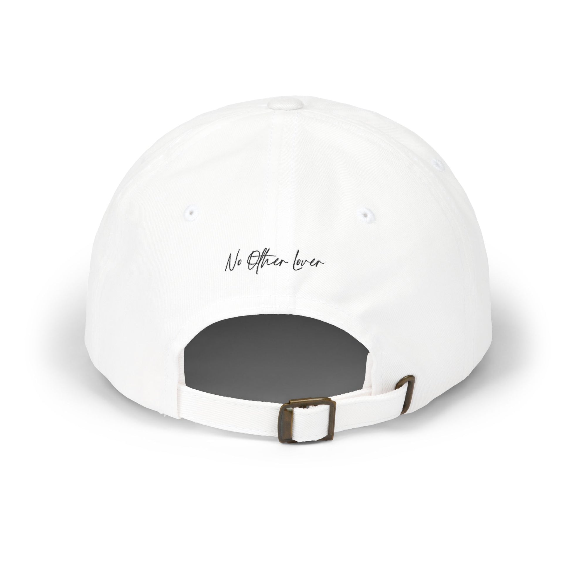 White No Other Lover LOVER cap reverse, with a logo on the back and a copper buckle on a white background