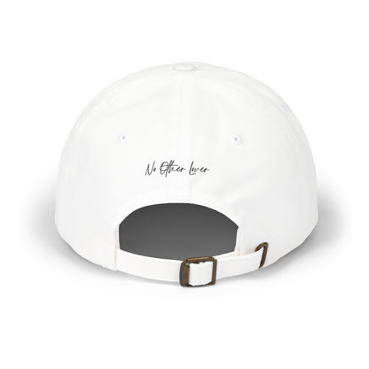 White No Other Lover LOVER cap reverse, with a logo on the back and a copper buckle on a white background
