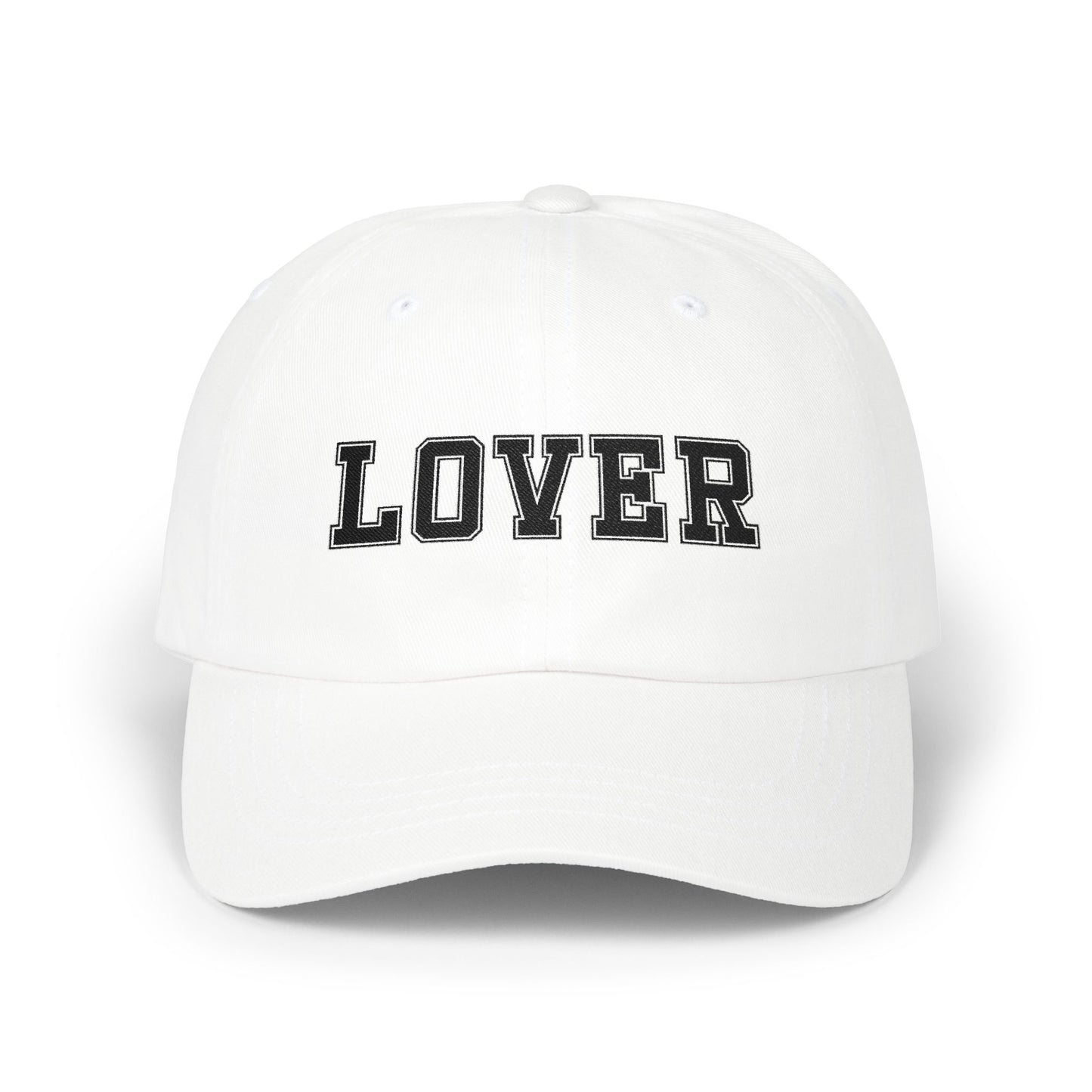 A No Other Lover LOVER White Cotton Baseball Cap with 'LOVER' text in black on a white background
