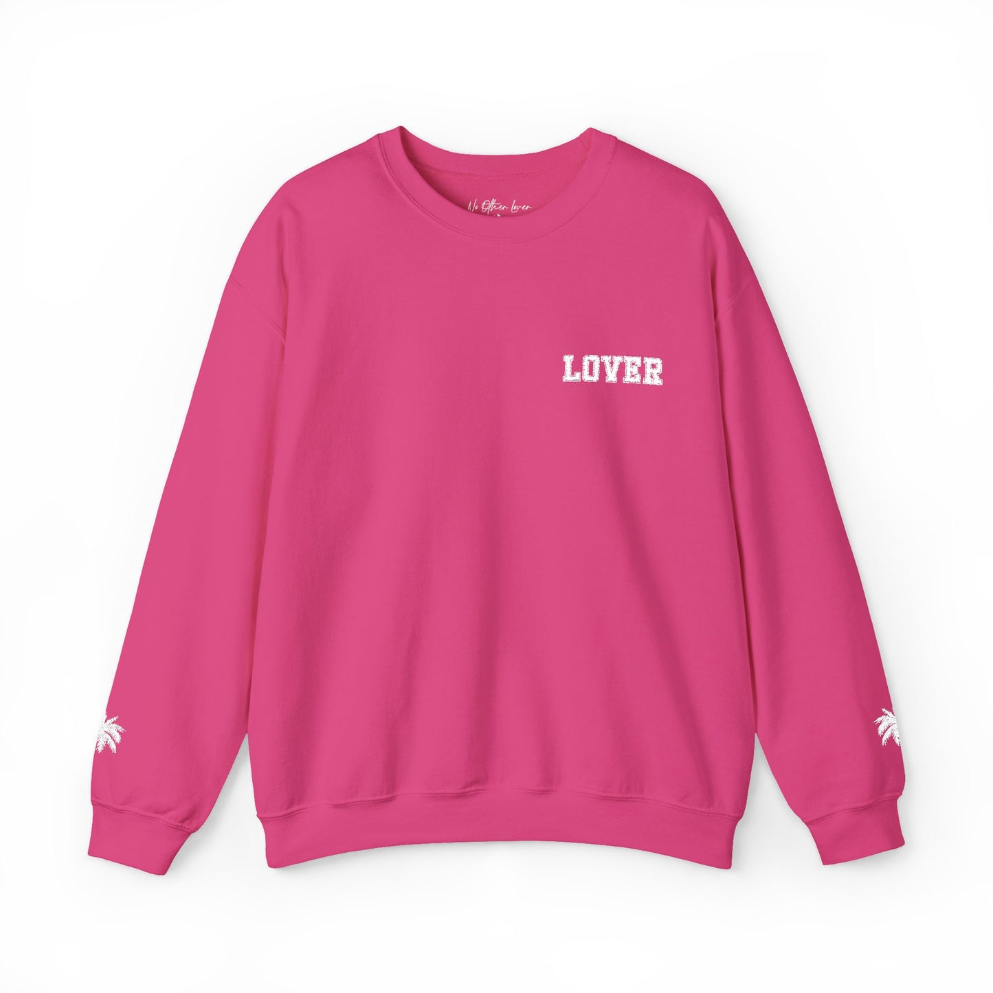 Hot pink No Other Lover LOVER Palms Sweatshirt with 'LOVER' text on a white background