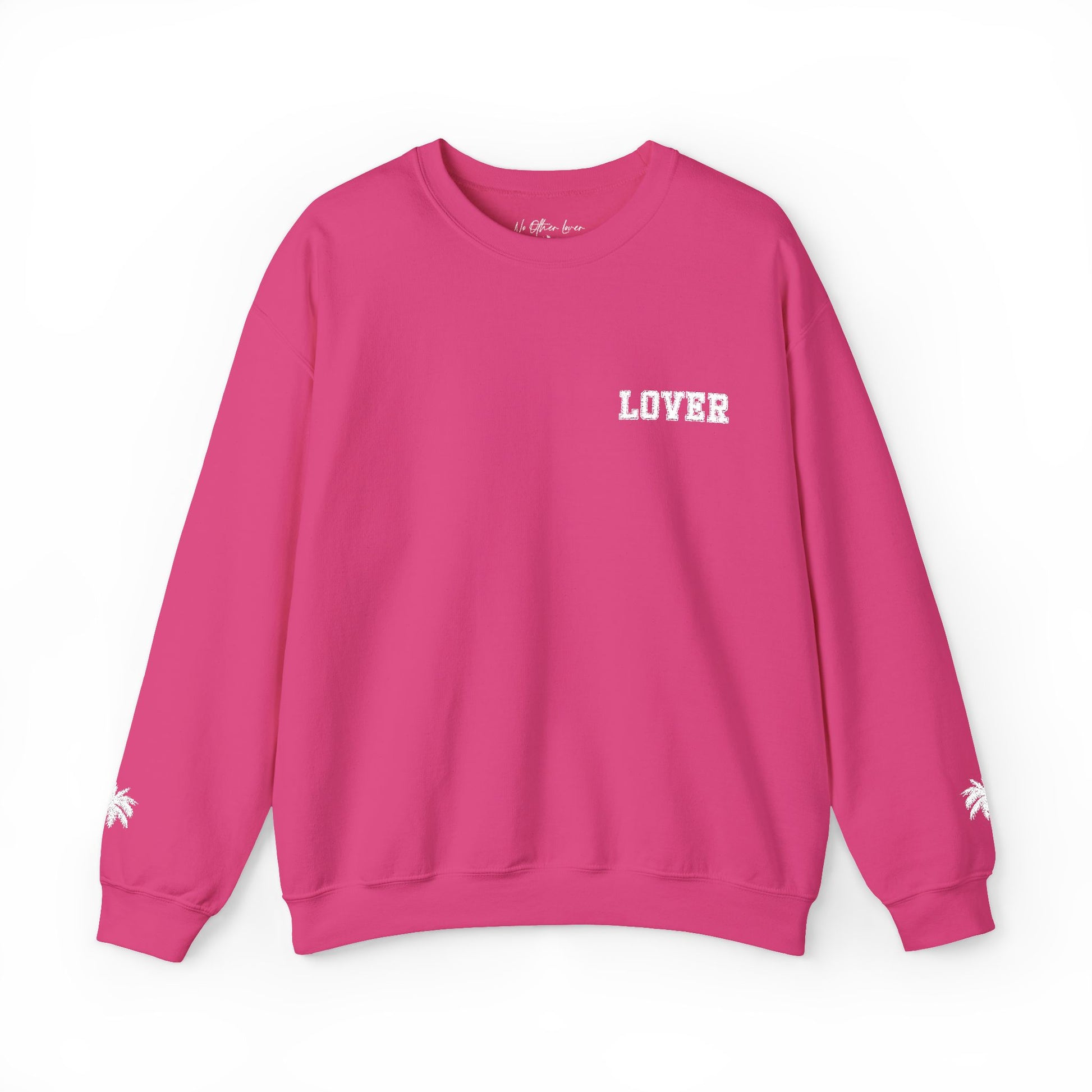 Hot pink No Other Lover LOVER Palms Sweatshirt with 'LOVER' text on a white background
