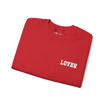Folded red No Other Lover LOVER Palms Sweatshirt with 'LOVER' text on a white background