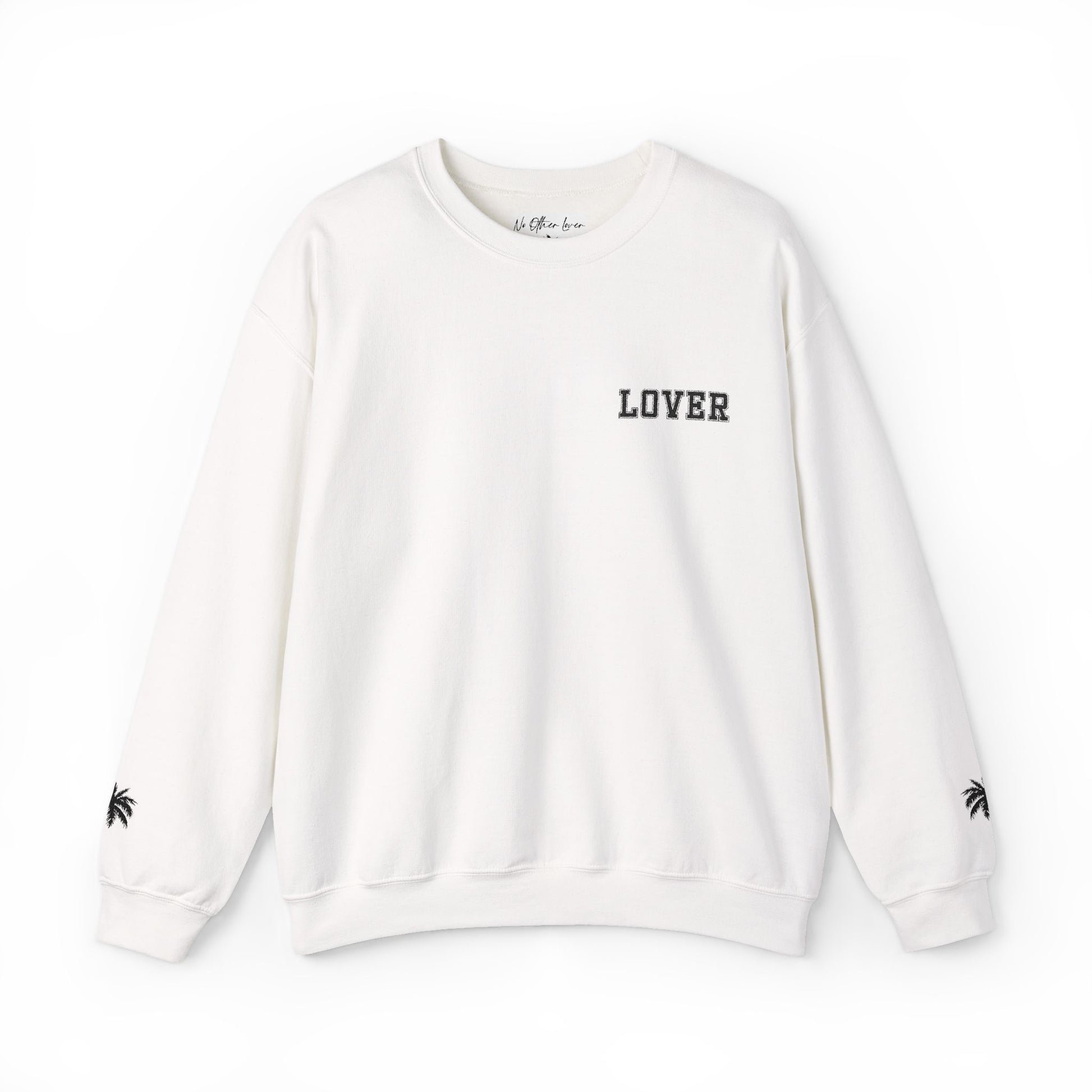 White No Other Lover LOVER Palms retro 80s sweatshirt with palm sleeve detail showing the front with the word LOVER embroidered in black, with black palm trees embroidered on the cuffs, against a white plain background.