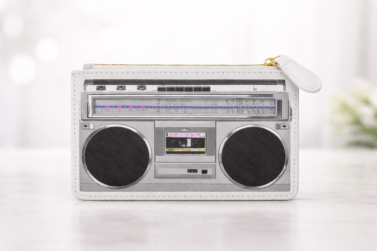 A No Other Lover mini boombox clutch bag purse designed like a retro boombox on a light background