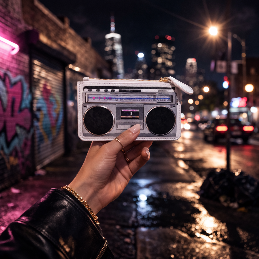 Female hand holding a No Other Lover mini boombox clutch bag with a boombox design print in front of a city street at night with neon lights and graffiti.
