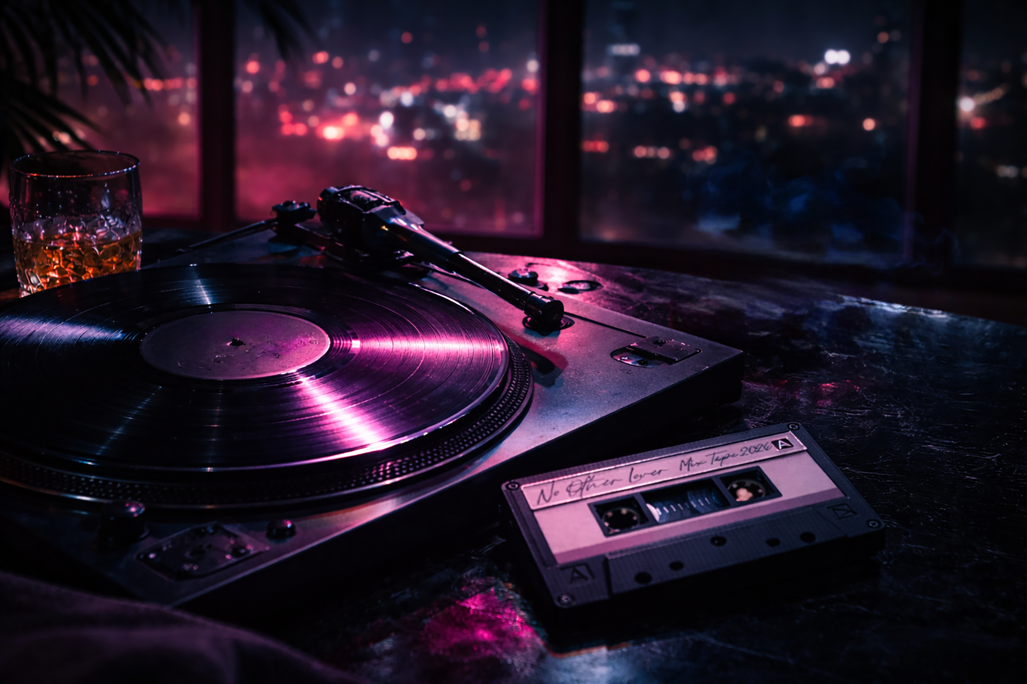 Turntable with a vinyl record and cassette tape on a table with a cityscape view in the background